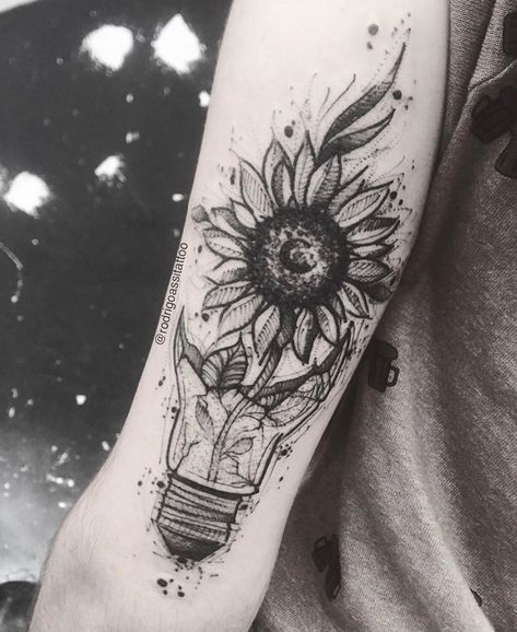 Light Bulb With Flowers Tattoo, Light Bulb With Flowers, Jeep Tattoo, Sunflower Pot, Lightbulb Tattoo, Inspiration Tattoos, Floral Tattoo Sleeve, Sunflower Tattoos, Flowers Tattoo