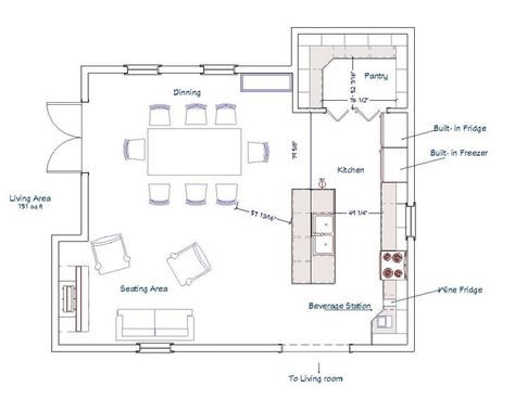 a floor plan for dinning , kitchen and sitting area. going clockwise : top left -a table with chairs that seat 8 people , top right a large walk in pantry , far right wall a long galley kitchen  with fridge and freezer near the pantry with a island with centered sink  across from a centrally located exterior window wall , diagonally and down to the right  of island sink a oven with cooktop,  in bottom right handa a beverage station, left bottom corner a fireplace, sofa and two armchairs. Floor Plan Kitchen Dining Living, Floor Plan Kitchen, Floor Plan Ideas, Kitchen Floor Plan, Kitchen Dining Living, Two Kids, For My Friend, Open Plan Living, Open Plan