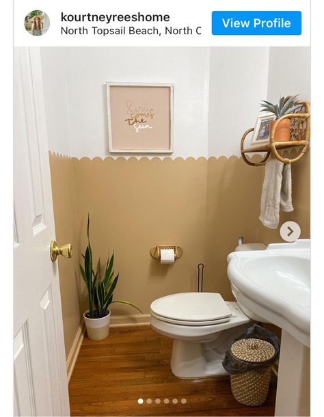 Scalloped Painted Wall Bathroom, Half Painted Bathroom Wall, Warm Bathroom Ideas, Cloakroom Ideas, Half Painted Walls, Warm Bathroom, Painted Bathroom, Painted Walls, Bathroom Redo