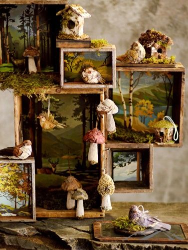 a shadow box forest Cool Shadow Box Ideas, Forest Shadow Box Ideas, Shadow Box Painting Ideas, Painted Shadow Box Ideas, Shadow Box Ornaments, Mushroom Shadow Box Ideas, Mini Shadow Box Ideas, Forest Themed Room, Shadow Box Ideas