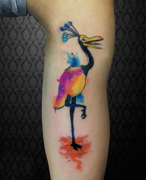 Kevin From Up Tattoo, Dreamworks Tattoo, Up Movie Tattoo, Birthday Tattoos, Disney Sleeve Tattoos, Be Brave Tattoo, Disney Sleeve, Tattoo Couple, Up Movie