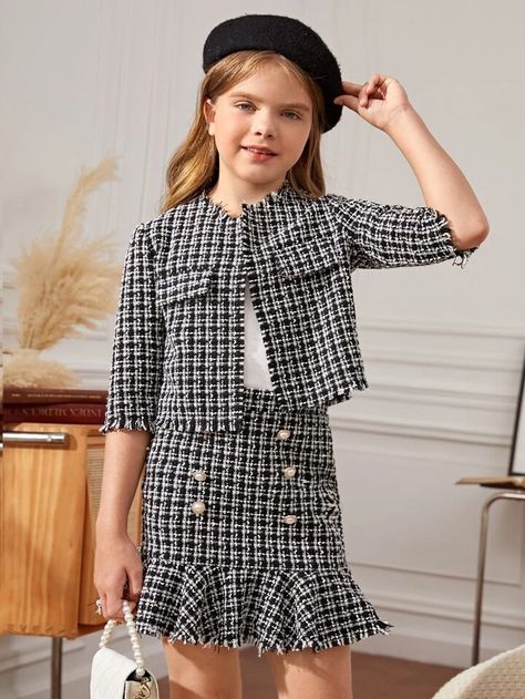 SHEIN Girls Plaid Tweed Jacket & Ruffle Hem Skirt | SHEIN USA Black Kids Fashion, Shein Kids, Girls Dress Outfits, Kids Dress Wear, Winter Fashion Outfits Casual, Fashion Top Outfits, Diy Vetement, Skirts For Kids