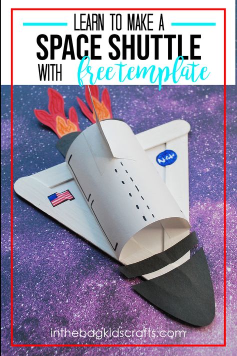 This space shuttle craft starts with a few popsicle sticks. Simple as that. Free template available. And this kids craft is part of a larger collection of space crafts that you will love, including an astronaut and alien. #spacecrafts #easykidscrafts #popsiclecrafts #kidscrafts Out Of This World Crafts, Preschool Astronaut Craft, Astronaut Template Free Printable, Space Rocket Craft For Kids, Space Camp Ideas, Astronaut Craft Preschool, Astronaut Activities For Kids, Diy Space Crafts, Space Lapbook