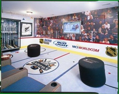 A cool Washington Capitals NHL man cave with a ice rink floor & hockey puck looking foot rests. Hockey Man Cave, Best Man Caves, Washington Capitals Hockey, Hockey Bedroom, Capitals Hockey, Hockey Design, Hockey Decor, Hockey Room, Ultimate Man Cave