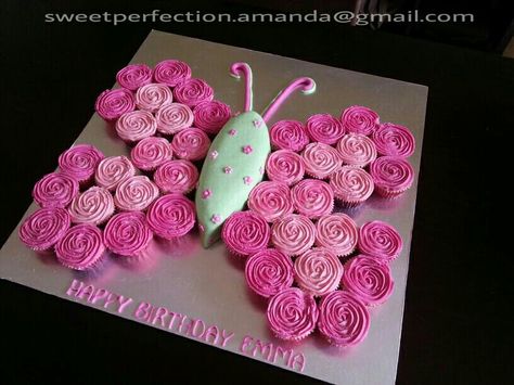 Cupcake Butterfly Cake, Butterfly Cake With Cupcakes, Butterfly Shaped Cupcakes, Butterfly Cake And Cupcakes, Butterfly Cupcakes Birthdays, Butterfly Shaped Cake, Butterfly Cupcakes Ideas, Butterfly Pull Apart Cupcakes, Butterfly Theme Cupcakes