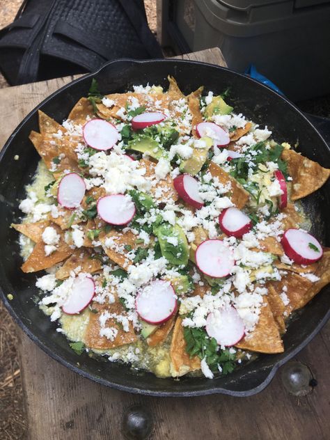 Campfire Quesadillas, Camp Fire Queso, Chilequilles Chilaquiles Recipe, Chilequilles Chilaquiles Recipe Easy, Camping Chilaquiles, Chilaquiles Recipe, Camping Breakfast, Propane Grill, Cheese Topping