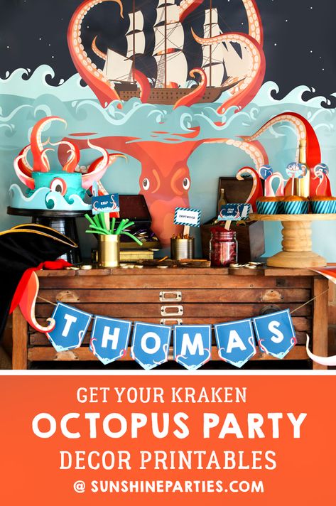 Kraken Sea Monster Party Printables Set | Printable Octopus Party Set | Party ideas For boys Kraken Party Ideas, Kraken Theme Party, Octopus Party Ideas, Octopus Decoration Party, Sea Monster Party, Kraken Birthday Party, Kraken Party, 4th Birthday Party For Boys, Octopus Birthday