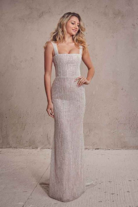 A luxuriously beaded fitted gown, featuring support cups in the corset, a modern square neck and backline, adorned with vertical hand beaded metallic strokes. Vagabond Bridal, Emerald Dresses, Tulle Sleeves, Modern Wedding Dress, Mermaid Dress, Modern Bride, Embellished Dress, Lace Sleeves, Bridal Looks