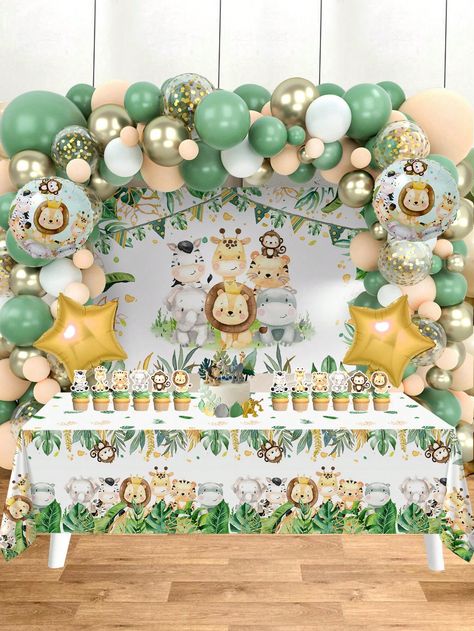 88 piezas, Globos de estilo de animales de la selva, 1 pieza Telón de fondo decorativo de animales de la selva, 1 pieza Mantel con patrón de animales de la selva, combinación de globos perfecta para la decoración de fondo de pared de la fiesta de cumpleaños de la novia del recién nacido de la boda. Multicolor    Tela     Event & Party Supplies, size features are:Bust: ,Length: ,Sleeve Length: Party Animals Backdrop, Safari Birthday Decorations, Balloon Combination, Newborn Party, Jungle Theme Decorations, Frozen Birthday Party Decorations, Bday Party Kids, Bride Birthday, Baby Birthday Decorations