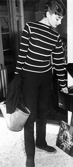 Audrey Hepburn in a striped boatneck, pants, and espadrilles c. 1953 Audrey Hepburn Outfit, Aubrey Hepburn, Audrey Hepburn Style, Rare Images, 20th Century Fashion, French Girls, Copyright Infringement, French Fashion, Audrey Hepburn