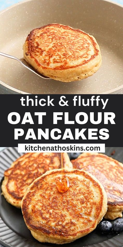 Oat Flour Pancakes are ultra soft and fluffy. It is a healthier pancake recipe that uses just 2 tablespoons of butter for the entire batch. For a gluten-free option, swap in gluten-free oats. Oat Flour Buttermilk Pancakes, Oat And Almond Flour Pancakes, Pancakes With Flaxseed Meal, Best Oatmeal Pancake Recipe, Fluffy Oat Flour Pancakes, Low Carb Pancakes Oat Flour, Gf Df Pancake Recipe, Gluten Free Oat Pancake Recipe, Gluten Free Dairy Free Pancake Recipe