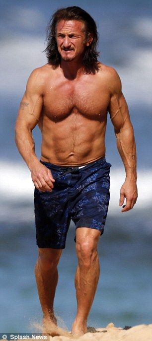 Sean Penn flexes his bulging biceps and six-pack on Maui beach | Daily Mail Online Harvey Milk, Thandie Newton, Ripped Muscle, Celebrity Bodies, Maui Beach, Beachbody Workouts, Hot Beach, Sean Penn, Perez Hilton