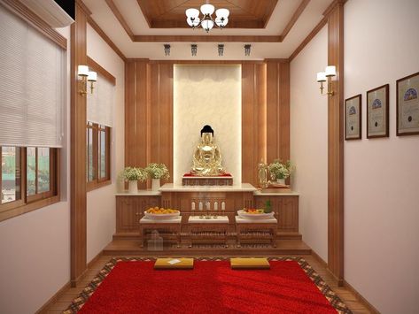 ဘုရားစင် Design, Shrine Room Design, Buddha Shrine Room Design, Puja Room Ceiling Design, Buddha Room Design, Alter Room, Puja Design, Duplex Flat, Buddha Room