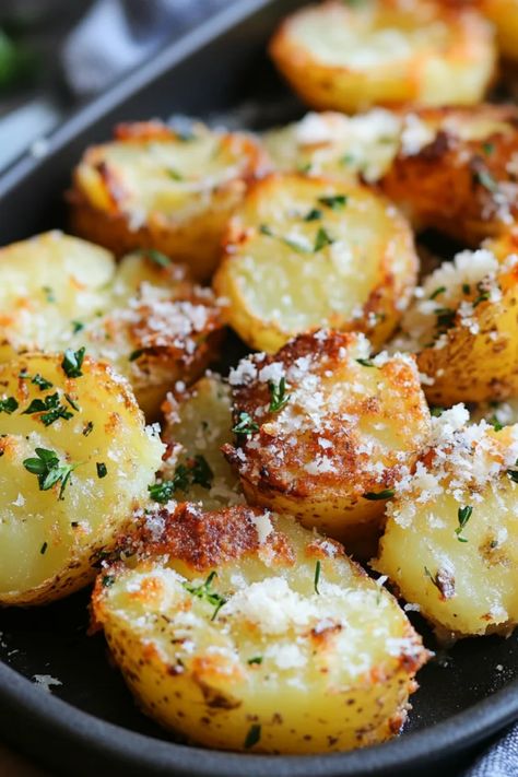 Enjoy crispy garlic parmesan smashed potatoes, a savory side dish with great flavor. Perfect for dinner parties or family meals, this pin features delicious, crispy potatoes made with garlic, Parmesan cheese, and herbs. Crispy Garlic Smashed Potatoes, Parmesan Garlic Smashed Potatoes, Recipes That Use Parsley, Easy Golden Potato Recipes, Super Crispy Potatoes, Cheesy Garlic Potatoes, Smashed Garlic Parmesan Potatoes, Elegant Potato Side Dishes, Smashed Small Potatoes