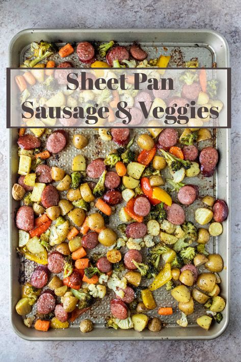 Sheet pan sausage and veggies is an easy dinner recipe that turns roast veggies like broccoli and cauliflower and sausage (kielbasa) into a simple but delicious healthy meal. Cajun Sausage And Veggies Sheet Pan, Kalbasa Sheet Pan Dinner, Sheet Pan Kalbasa, 1 Pan Sausage And Veggies, Zucchini Kielbasa Recipes, Sheet Pan Polish Sausage And Veggies, Sheetpan Sausage And Veggies, Keilbasa Recipes Dinner Sheet Pan, Sausage And Veggies One Pan