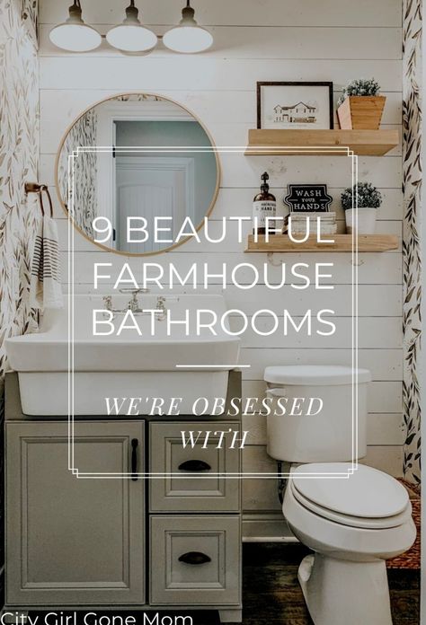 Need to update your bathroom? Check out these nine one-of-a-kind beautiful farmhouse bathrooms that, we have to admit, we're totally obsessed with. Half Bathroom Wallpaper, Farmhouse Small Bathroom Ideas, Farmhouse Bathrooms, Bathroom Ideas Decor, New Bathroom Ideas, Simple Kitchen Design, Small Bathroom Ideas On A Budget, Small Farmhouse, Beautiful Farmhouse