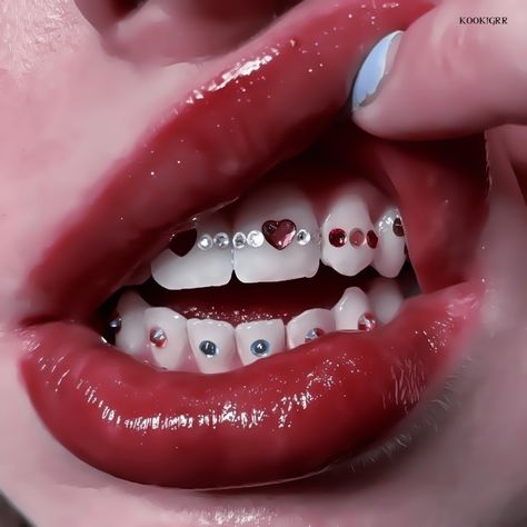 use credits: @kookigrr (me) Teeth Jewels, Love Sentences, Teeth Gems, Tooth Gems, Vampire Fangs, Tooth Gem, Teeth Jewelry, Aesthetic Red, Glow Up?