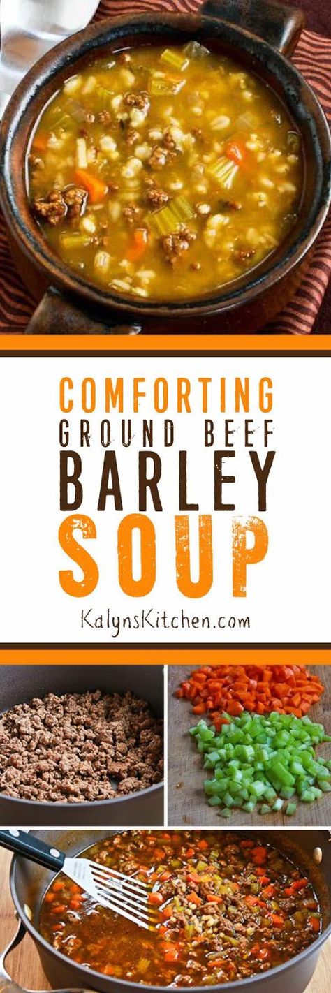 Comforting Ground Beef and Barley Soup is perfect for a cold winter night, and this delicious family-friendly soup uses ingredients you probably often have on hand. [found on KalynsKitchen.com] #KalynsKitchen #GroundBeefBarleySoup #GroundBeefSoup #BeefBarleySoup #ComfortFoodSoup Ground Beef And Barley Soup, Ground Beef Barley Soup, Beef And Barley Soup, Beef And Barley, Soup Beef, Recipes With Ground Beef, Dairy Free Soup, Comfort Soup Recipes, Soup With Ground Beef