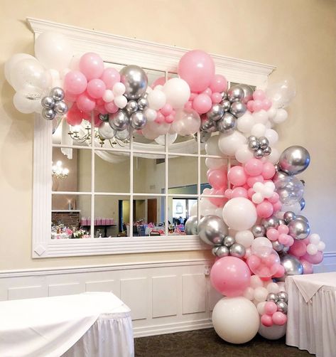 Pink White Silver Balloon Garland, Pink White And Silver Party Decorations, Silver And Pink Balloons, Pink And Silver Balloon Garland, Silver And Pink Party, Pink And Silver Balloons, Pink And Silver Birthday Party, Dekoracija Stola, 30th Birthday Party Women