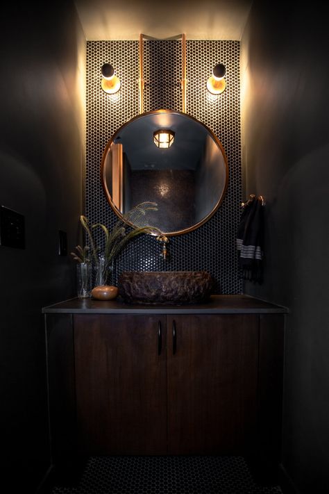 VASSAR — DAMN GOOD INTERIORS Small Dark Half Bathroom Ideas, Moody Natural Bathroom, Moody Restroom, Powder Room Moody, Dark Moody Bathroom Ideas, Dark Moody Powder Room, Dark And Moody Bathrooms, Speakeasy Bathroom, Small Dark Bathroom Ideas