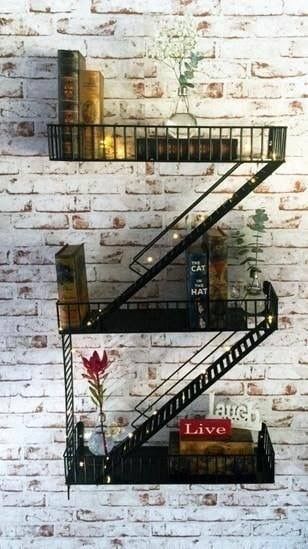 Staircase Shelf, Fire Escape Shelf, Staircase Shelves, Appartement New York, New York Bedroom, New York Decor, Loft Staircase, Cool Shelves, New York Theme