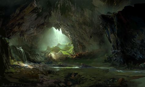 cave 2, HeeWann Kim on ArtStation at https://www.artstation.com/artwork/A9bON Caves Art, Magical Cave, Cave Artwork, Casa Anime, Cave Art, Dragon's Lair, Cave Game, Landscape Concept, Fantasy Forest