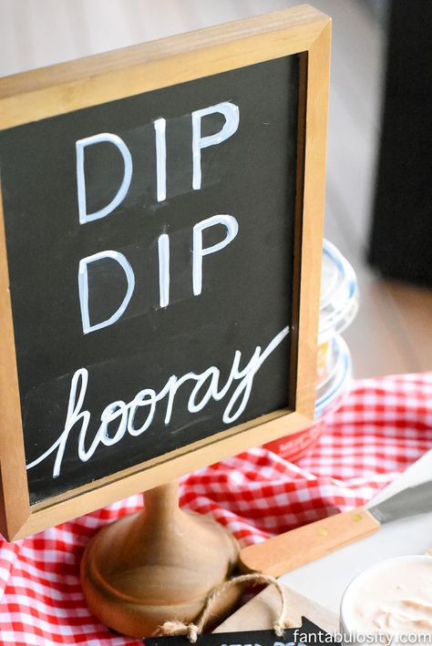 "Dip Dip Hooray!" A Dip Bar! Such a fun way to style snacks for a party. Dip Party Ideas Fun, Dip Party Invitations, Bring Your Own Dip Party, Dip Bar For Wedding, Dip Buffet Table, Chip And Dip Bar Ideas, Graduation Party Dips, Dip And Sip Party, Snacks For 40th Birthday Party