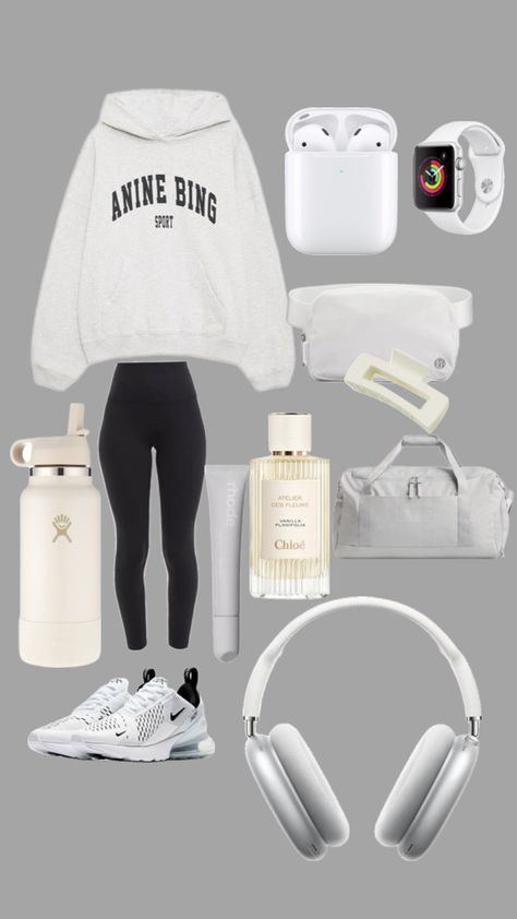 Sport outfit flat lay with sweatshirt, leggings, sneakers, and tech accessories Sporty Outfits Leggings, Leggings Outfit Sporty, Anine Bing Sweatshirt, Outfit Essentials, Sweatshirt Outfit, Anine Bing, Sporty Outfits, Clothing Essentials, Sporty Look