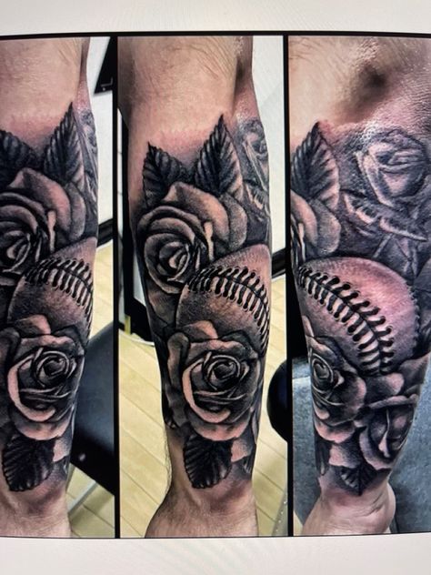 Baseball Flowers, Baseball Tattoo, Baseball Tattoos, Tooth Tattoo, Football Tattoo, Roses Tattoo, Dad Tattoos, Glitter Decor, Subtle Tattoos