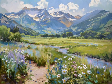 This enchanting giclee print captures the vibrant spirit of a mountain valley in full bloom. Lush meadows carpeted with wildflowers burst with color, their delicate petals swaying in the gentle breeze. The brushstrokes and vibrant palette create a breathtaking panorama, with towering snow-capped peaks reaching towards the heavens. A crystal-clear river meanders through the landscape, reflecting the vibrant hues of the wildflowers and the majestic mountains. This exquisite print is an ode to the Cute Scenery Painting, Landscape Artist Of The Year, Mountain Aesthetic Landscape, Heavenly Landscape, Paintings Of Mountains, Snow Mountain Painting, Valley Drawing, Beautiful Murals, Mountain Landscape Art