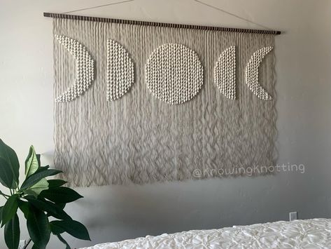 Macrame moon phases wall hanging - cotton cord spiral knots on twine Macrame Half Moon, Moon Macrame, Diy Macrame Moon Wall Hanging, Semi Lunar Macrame Wall Hanging, Moon Phase Macrame, Moon Phases, Twine, Macrame, Moon