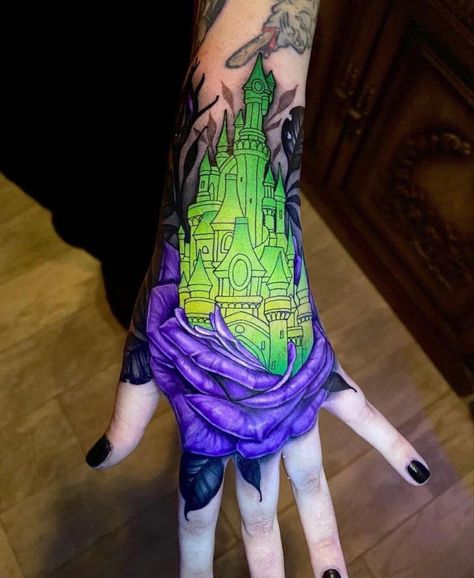 Disney Castle Tattoo, Dark Disney Tattoo, Spooky Disney, Castle Tattoo, Marvel Tattoos, Hand Tats, Scary Tattoos, Spooky Tattoos, Incredible Tattoos