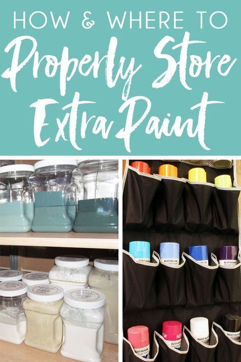 How to store paint leftover paint so it doesn't go bad and where to safely store latex paint, oil based paint, and spray paint cans. Answer to questions common questions, like, can you store leftover paint in a plastic container, can you store paint outside, and can you store paint near a hot water heater. #paint #painting #organizing #spraypaint #storage Organize Spray Paint Cans, How To Store Paint Cans, How To Store Paint, Spray Paint Storage Ideas, Paint Can Storage Ideas, Leftover Paint Storage, Paint Storage Containers, Spray Paint Storage, Paint Room