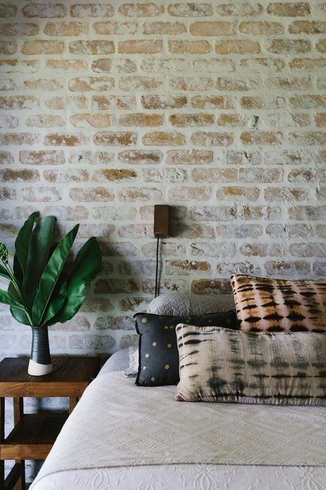 The main bedroom. *Photography: Marnie Hawson | Styling: Nicola Sevitt* Brick Wall Bedroom, Brick Feature Wall, Brick Interior Wall, Interior Brick, Feature Wall Bedroom, Brick Interior, Minimal Bedroom, French Country Bedrooms, Small Home Offices