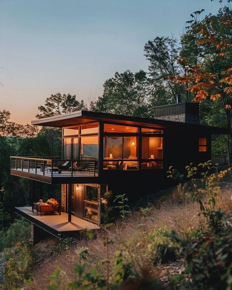 Modern House With Large Windows, Modern Cabin Exterior Architecture, Small Cabin On Hillside, Modern Cabin In The Woods, Modern Mountain Cabin, Design With Nature, Small Modern Cabin, Cabana Design, Modern Cabin House