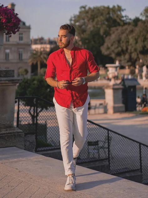 Red Shirt White Pants Outfit Men, Red Shirt White Pants Outfit, White And Red Outfit Men, Red And White Mens Outfit, Red Summer Outfits Men, Red Shirt Outfit Ideas, Red Polo Shirt Outfit Men, Red Shirt Outfit Men, Red Polo Shirt Outfit