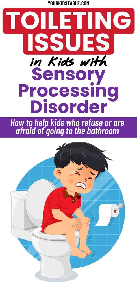 Sensory processing disorder and toileting issues go hand in hand. Potty training sensory kids is hard enough, but what can you do when child toilet problems continue and your child refuses to use the bathroom, withholds poop, or is scared of using the toilet? Learn why sensory kids have a hard time using the bathroom, and tips to make toileting easier for your child with sensory issues. Toddler Bathroom Ideas, Pooping On The Potty Training, Sensory Issues In Toddlers, Potty Training Visuals, Help Kids Poop, How To Make Potty Training Fun, Potty Training Activities, Potty Training Stubborn Girl, Toddler Toilet Training