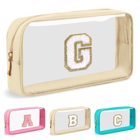 PRICES MAY VARY. 【Personalized Gift】This personalized embroidered glitter monogram makeup bag is available in 26 monogram styles. Perfect as a gift for daughters, granddaughters, girlfriends and best friends on special occasions like Valentine's Day, Christmas, anniversaries or birthdays. No one can resist such a stylish bag! 【Chenille Letter Patch Bag】Preppy initial makeup bag with professionally sewn chenille letter patches. You don't have to worry about them falling off. With its waterproof n Clear Makeup Bag, Monogrammed Makeup Bags, Patch Bag, Clear Cosmetic Bag, Travel Skincare, Clear Makeup, Pencil Case Pouch, Letter Patches, Clear Makeup Bags