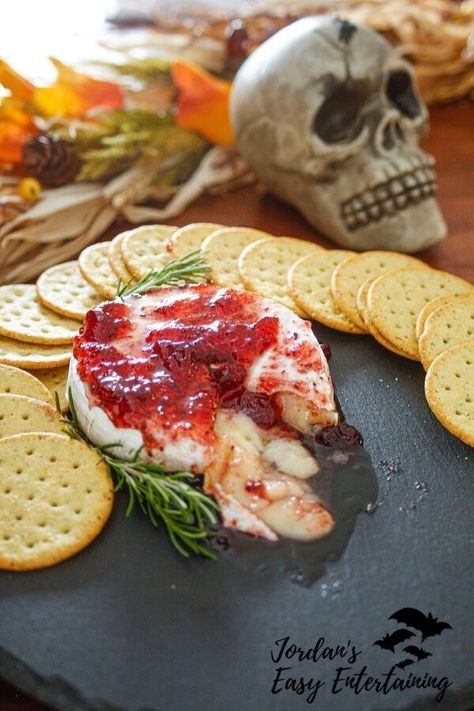 Halloween Bree Cheese, Halloween Brie Cheese Ideas, Baked Brie Raspberry Jam, Brie Raspberry Appetizer, Baked Brie With Raspberry Jam, Halloween Brie Cheese, Halloween Baked Brie, Brie Halloween, Halloween Brie