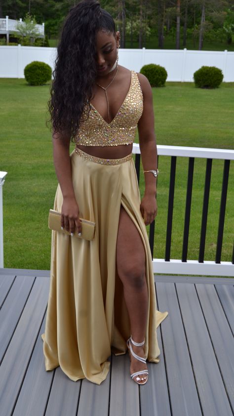 2 Piece Prom Outfit, Gold Two Piece Prom Dress, Gold Formal Dress, Two Piece Prom Dresses, Two Piece Prom Dress, Custom Made Prom Dress, Cocktail Dress Evening, Girl Prom, 2 Piece Prom Dress