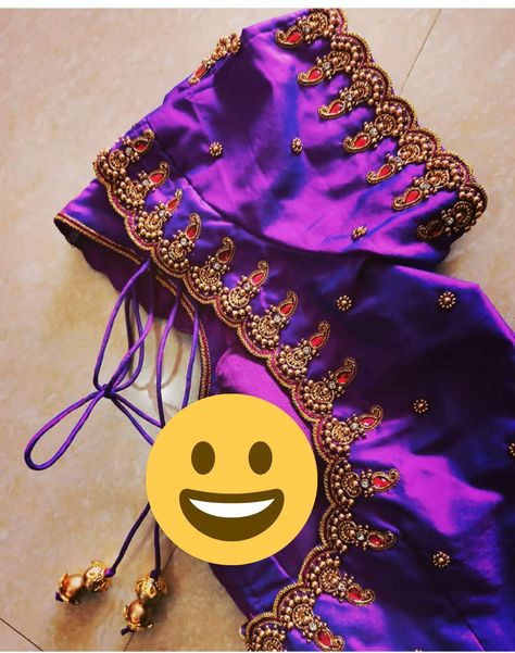 Violet Aari Work Blouse Designs, Short Sleeve Aari Work Design, Violet Blouse Designs, Violet Colour Blouse Work Designs, Violet Blouse Designs For Saree, Short Hands Maggam Work, Purple Colour Blouse Designs, Basic Blouse Designs, Magam Work