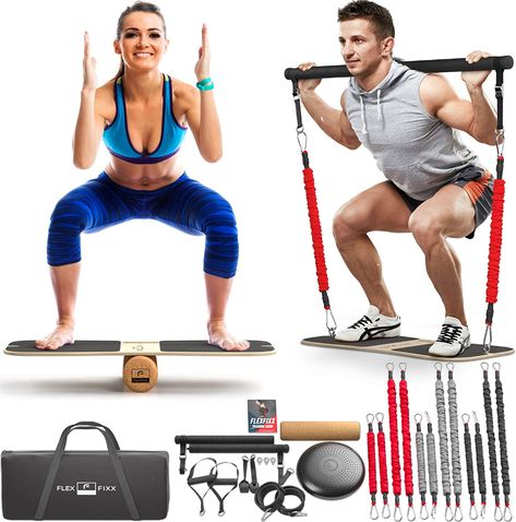 FlexFixx Portable Home Gym Workout Kit - Fitness Balance Board & Full... Workout Resistance Band, Body Trainer, Home Gym Workout, Portable Gym, Workout List, Fitness Website, Building Strength, Portable Home, Squat Workout