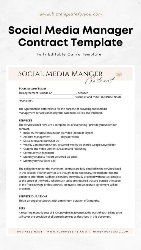 Social Media Templates Instagram Content Ideas For Social Media Managers, Social Media Manager Contract Template, Social Media Management Contract, Social Media Manager Template, Social Media Manager Content Ideas, Social Media Manager Pricing, Social Media Manager Contract, Social Media Manager Aesthetic, Social Media Strategy Template