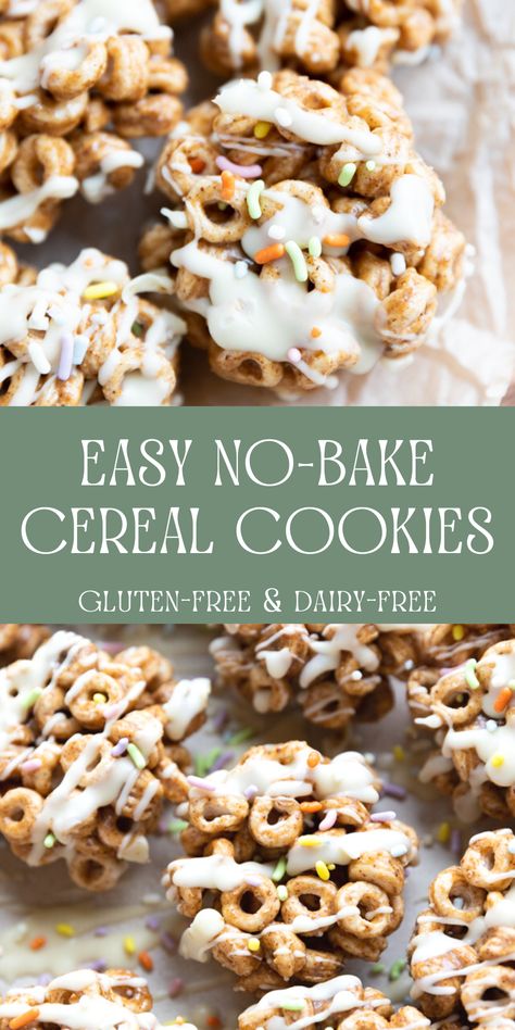 No-Bake Cereal Cookies are a fun and delicious treat that can be enjoyed for breakfast, dessert, or a snack! Just stir together a few pantry staples, freeze, and drizzle with chocolate. They're gluten-free, dairy-free, and great for kids! Dairy Free Treats For Kids, Gluten Free Cereal Recipe, Dairy Free Snacks For Kids, Wheat Free Snacks, February Food, Gf Snacks, Healthy Kid Friendly Meals, Wheat Free Diet, Cereal Cookies