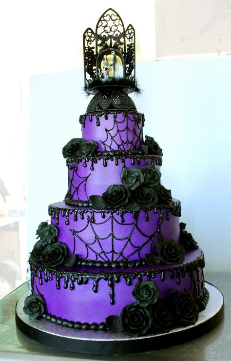 For the love of purple Goth Cakes Wedding, Halloween Wedding Cupcakes Ideas, Black And Purple Wedding Cake Ideas, Black And Purple Goth Wedding, Halloween Theme Quinceanera, Halloween Wedding Dress The Bride, Pastel Purple Wedding Dress, Plus Size Gothic Wedding Dress, Black And Purple Wedding Theme Wedding Table Decor