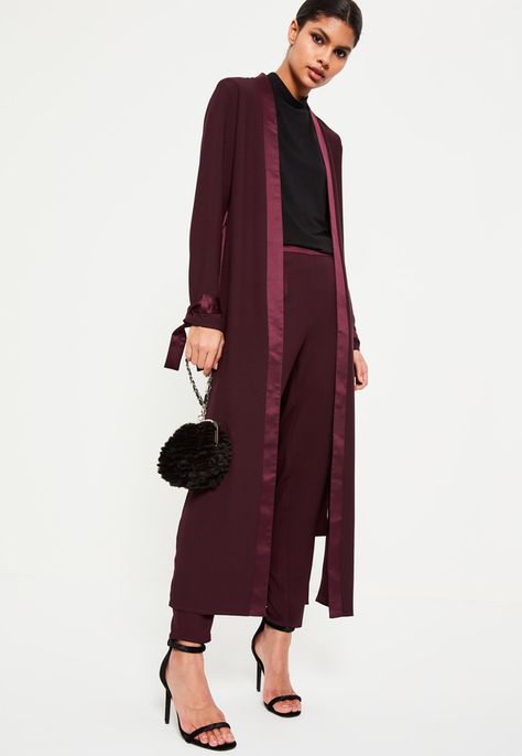 Purple Satin Trim Tie Cuff Duster Coat | #Chic Only #Glamour Always Purple Satin, White Coat, Women's Coats & Jackets, Women's Coats, Jackets Online, Outerwear Coats, We Wear, Coats Jackets Women, Fashion Magazine