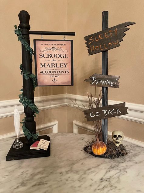 Christmas Carol Decorations Diy, Scrooge Decorations, Scrooge And Marley Sign, Scrooge Christmas Decorations, Sleepy Hollow Halloween Decorations, Sleepy Hallow Halloween, Adams Family Halloween, Sleepy Hollow Halloween, Scrooge Christmas