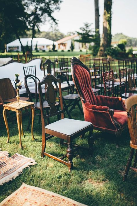 This Wedding at The Venue at Tryphena’s Garden Makes Antique Details Feel Totally New Eclectic Wedding Seating, Thrifted Wedding Chairs, Vintage Chairs Wedding, Mismatched Wedding Chairs, Vintage Thrift Wedding, Antique Wedding Aesthetic, Bridgeton Wedding, Tables With Flowers, Appalachian Wedding