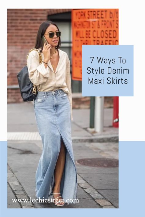 Denim Maxi Outfit 2023, Denim Maxi Skirt Summer Outfit, Style Denim Long Skirt, Long Skirt Outfits For Summer 2023, Long Jean Skirt Outfits 2023, Long Denim Skirt 2023, Jeans Long Skirt Outfit Summer, Denim Maxi Skirt Outfit Autumn, Denim Maxi Skirts Outfit