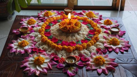 A beautiful rangoli design made with colorful rice flour and adorned with vibrant flower petals serving as a centerpiece for the Diwali dining table Ganpati Decoration Design, Beautiful Rangoli Designs, Wedding People, Heart Tree, Cityscape Photos, Logo Banners, Heart With Arrow, Vibrant Flower, Background Banner